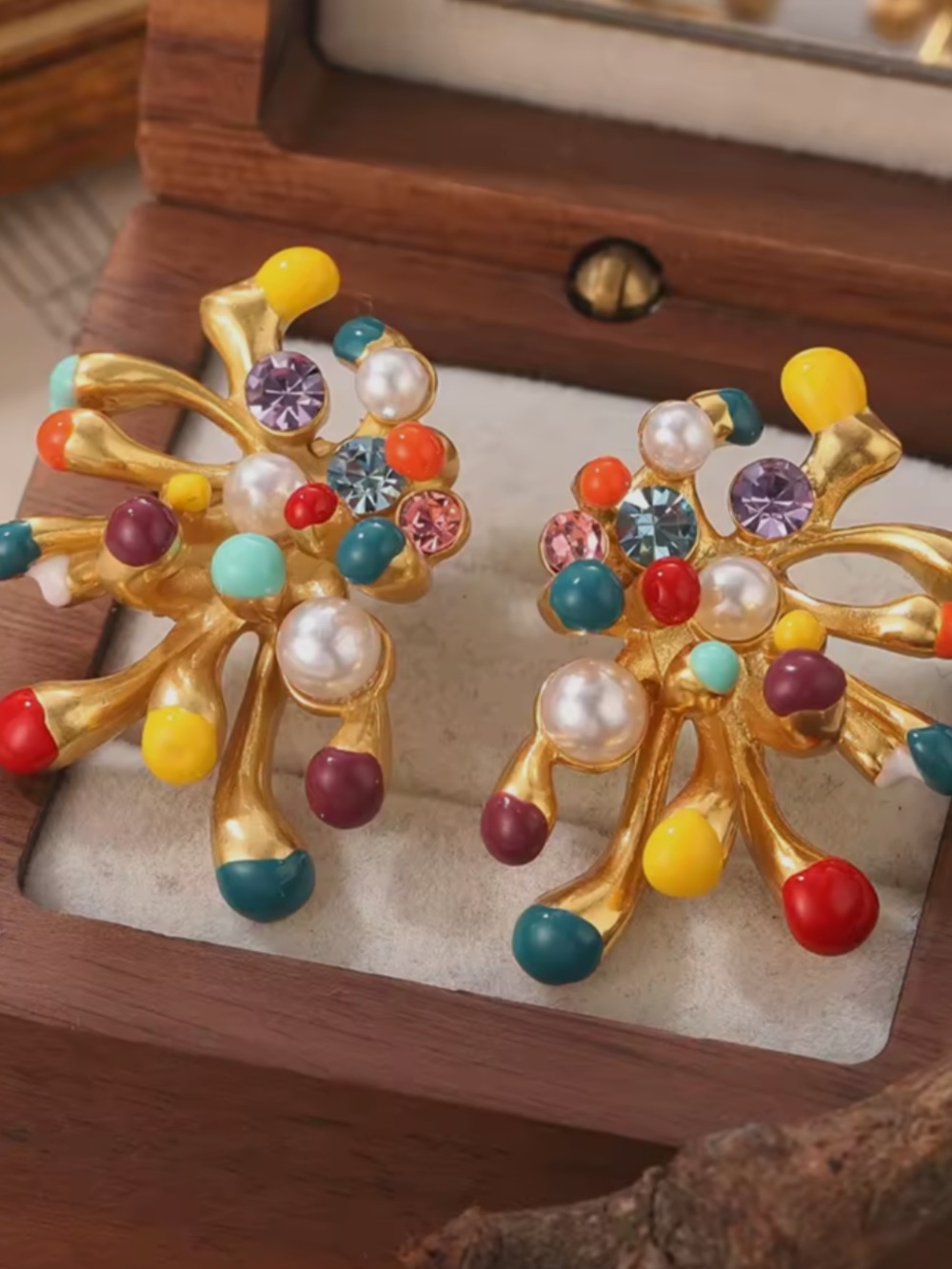 Anthropologie Gold Burst Earrings with Multicolored Enamel & Pearls